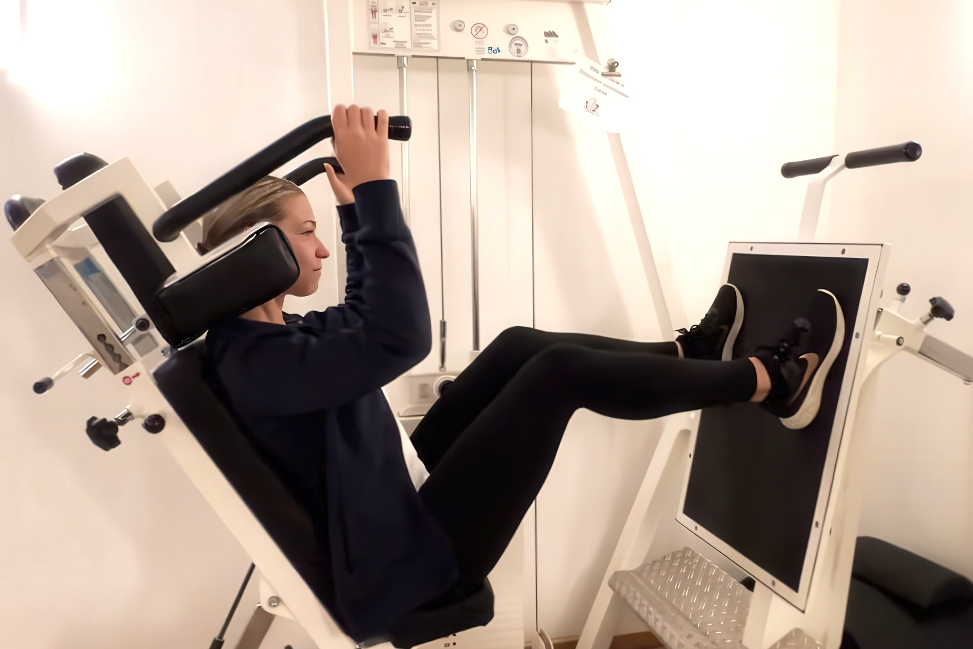 Patientin trainiert an einem Zugapparat